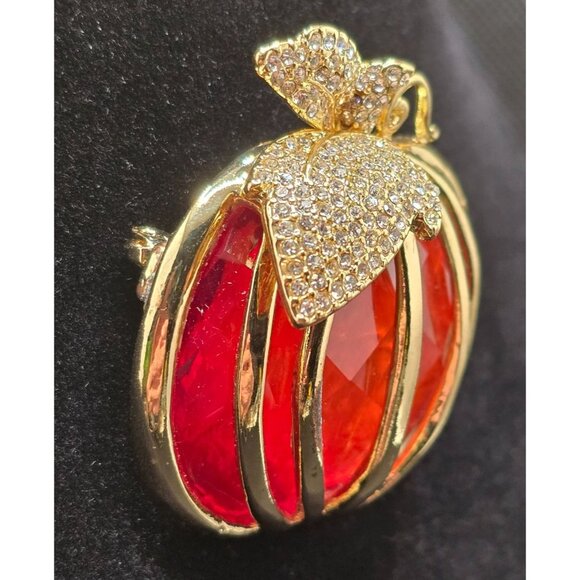 Napier Lucite Pumpkin Brooch Rhinestone Leaves & Stem Crystal Pin - Picture 4 of 7